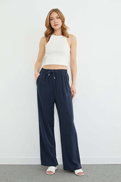 Fulla Moda Παντελόνι Tencel με δέσιμο στη μέση και τσέπες