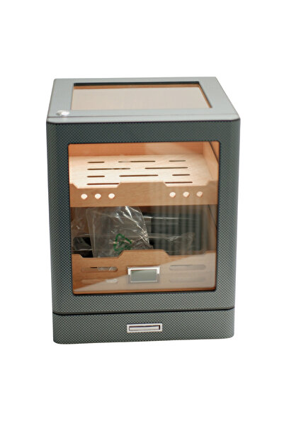 Parmida Karbon Aksesuar Çekmeceli Camlı İçi Ledli Humidor Puro Kutusu Phum0257