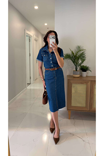 BİRCANÇİL ZR Raws Μπλε τζιν φόρεμα με κοντά μανίκια και λεπτομέρεια σκίσιμο σ...