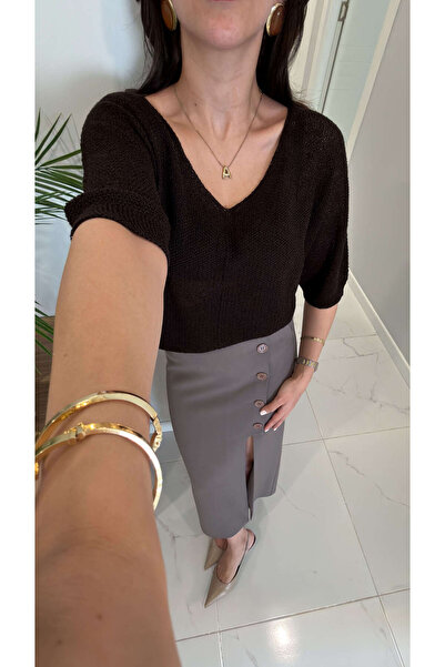 BİRCANÇİL Καφέ πλεκτή μπλούζα με μισό μανίκι Hunra