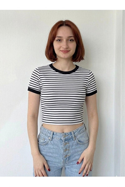 MERİCEY Women's Striped Crew Neck Short Sleeve Ribbed Crop Body - Retro Style