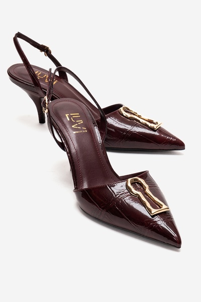 LuviShoes YVELLA Bordo Rugan Baskı Tokalı Sivri Burunlu Kadın Topuklu Ayakkabı