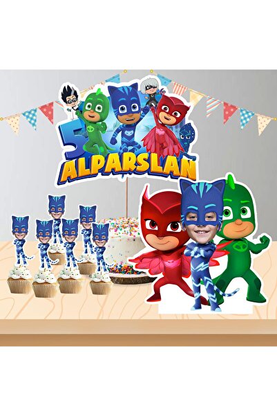 Parti Evreni Kişiye Özel Pj Masks Temalı Pano ve Pasta Süsü Seti