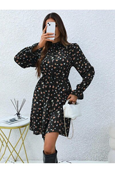 Iuliashop Rochie scurtă neagră cu imprimeu floral Alkida - L