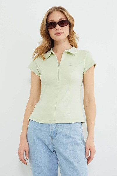 Fulla Moda Half Zip Slim Fit T-Shirt with Metal Accessories