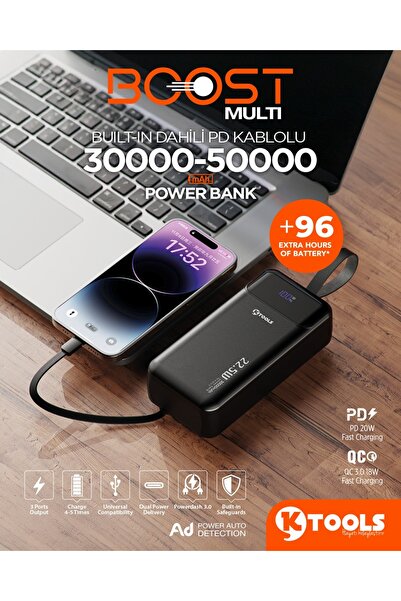 KTOOL Ktools 30.000 Mah Pd 20w Hızlı Şarjlı Powerbank - 3 Cihaz Aynı Anda Şar...