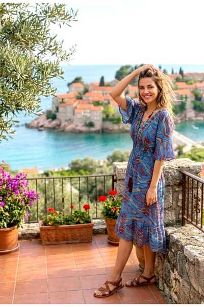 LAGRANZE Élorien Vista Women's Patterned Midi Dress – Lightweight Fabric, Com...