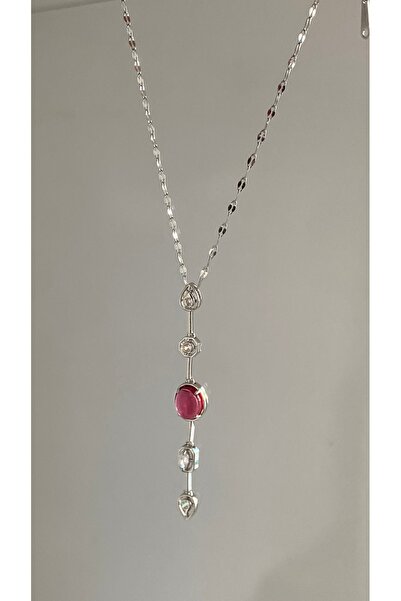 SELUVİA Steel Red Stone Element Y Model Women's Necklace – Stylish and Durabl...