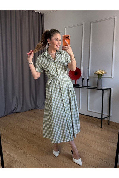 My Blog Πράσινο 100% βαμβακερό καρό φόρεμα πουκάμισο με λεπτομέρεια από δαντέ...