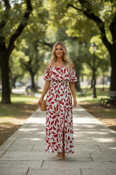 Mossta Φόρεμα με μακρύ σχέδιο από ζέρσεϊ με γιακά Madonna - Κόκκινο