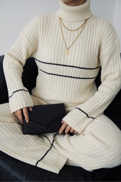 NLT Γυναικείο Ριγέ Παντελόνι με Λεπτομέρειες και Πλεκτό Πουλόβερ Σετ