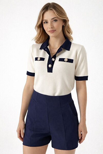 STF MODA Εφαρμοστό κοντομάνικο πλεκτό πόλο με λαιμόκοψη και κουμπιά μπροστά, ...