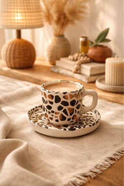 Anadolu Saray El Yapımı Seramik Fincan Takımı - Bohem Desenli Tabaklı Kahve K...