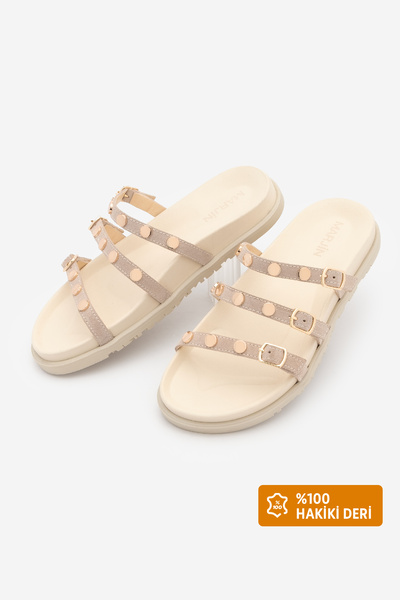 Marjin Γυναικείες παντόφλες από γνήσιο δέρμα με τρεις ρίγες και καρφιά, Zoven...