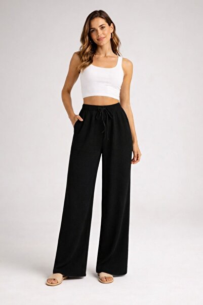 trendgar Μαύρο γυναικείο παντελόνι με λεπτομέρεια σχεδίου φυσαλίδων και άνετη...