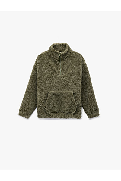 Koton Μακρυμάνικο βελούδινο φούτερ με όρθιο γιακά, τσέπη καγκουρό και μισό φε...