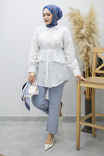 Tesettür Dünyası Πουκάμισο με ριγέ σχέδιο και λεπτομέρεια βολάν TSD260160 Λευκό