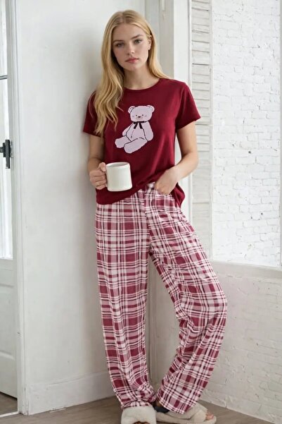 Cool & Sexy Σετ Γυναικείες Πιτζάμες με Καρό Σχέδιο και Στάμπα Αρκουδάκι – Σει...