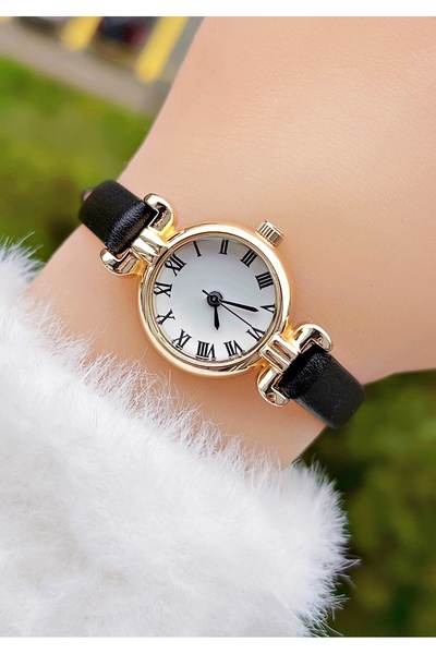 Weluxa Gold Color Case Black Leather Band Minimal Women's Wristwatch