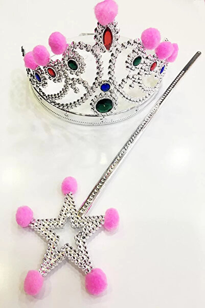 Skygo Silver Color Princess Crown with Pink Pompom and Silver Princess Scepter
