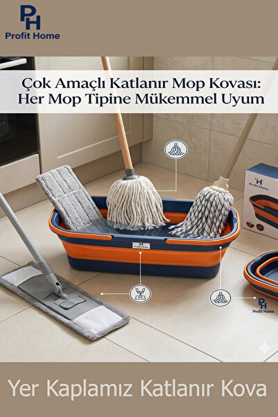 Profit Home TURUNCU-MAVİ Çok Amaçlı Katlanır Mop Kovası - Yer Tasarruflu Katl...