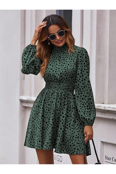 Iuliashop Rochie scurtă verde Eva cu imprimeu negru - M