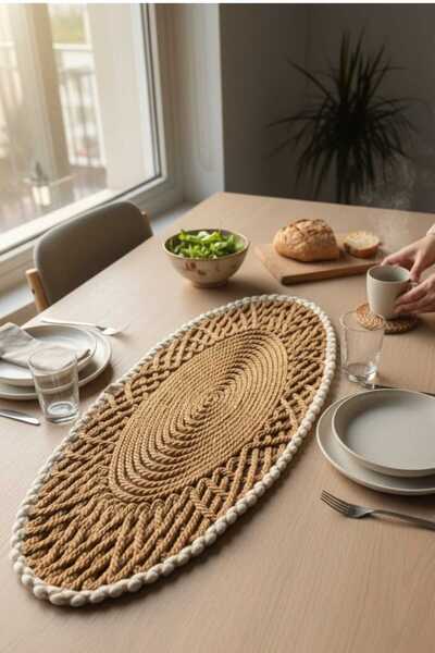 home inn Oval Modern Runner - 85X35 cm Knitted Model Tablecloth - Natural White Patterned Runner