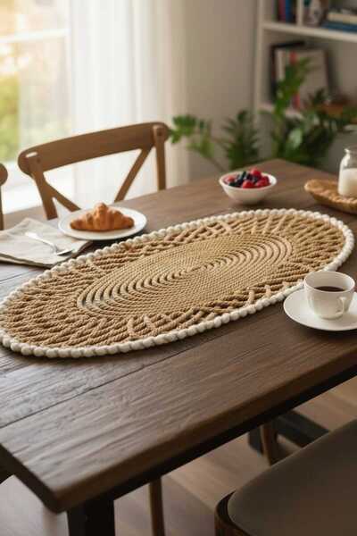 home inn Oval Modern Runner - 85X35 cm Knitted Model Tablecloth - Natural White Patterned Runner