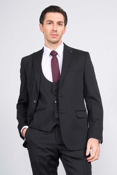 ATLIHAN Lagos Siyah Erkek Polyviskon Slim Fit Yelekli Takım