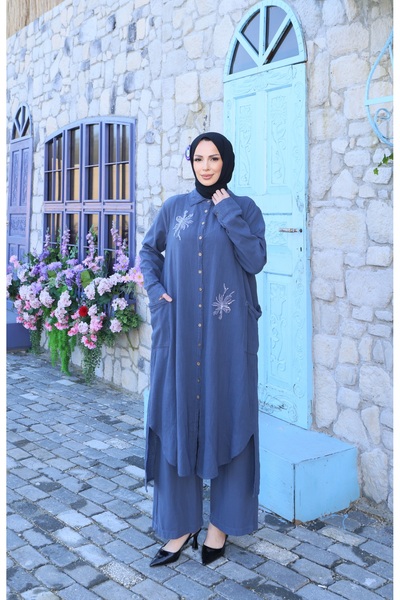 NİSUM MODA طقم من القطن والكتان بتصميم ثلاث زهور