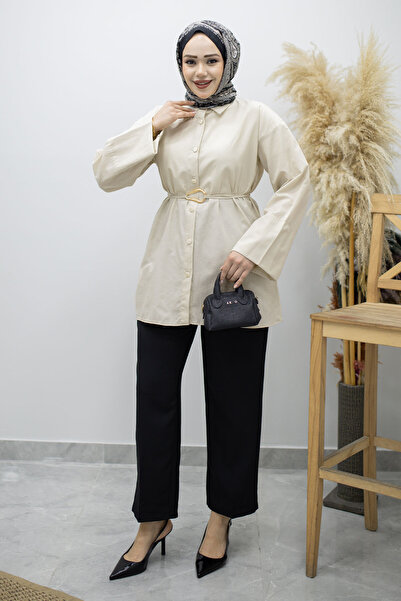 Tesettür Dünyası Kuşağı Gold Detailed Shirt Tsd260162 Beige