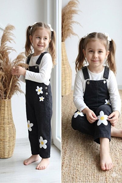 HaanBebe Kız Çocuk Papatya Desenli Siyah Denim Salopet Bahçıvan Pantolon - An...