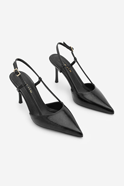 Marjin Kadın Stiletto Sivri Burun Arkası Açık Bilekten Bantlı Klasik Topuklu Ayakkabı Tandor Siyah