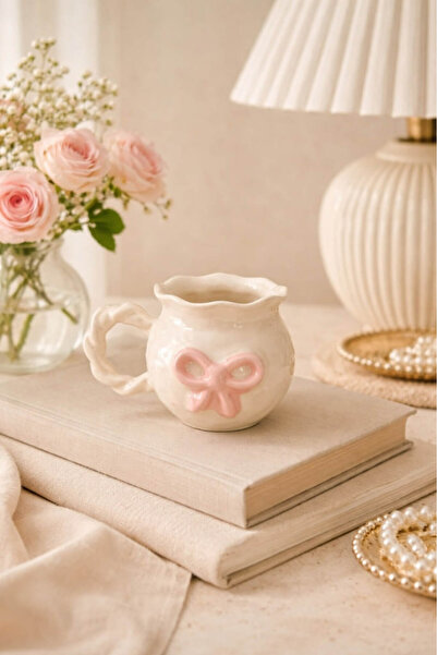 Anadolu Saray Özel Tasarım Seramik Burgu Kulplu Pembe Fiyonklu Kupa Fincan - ...