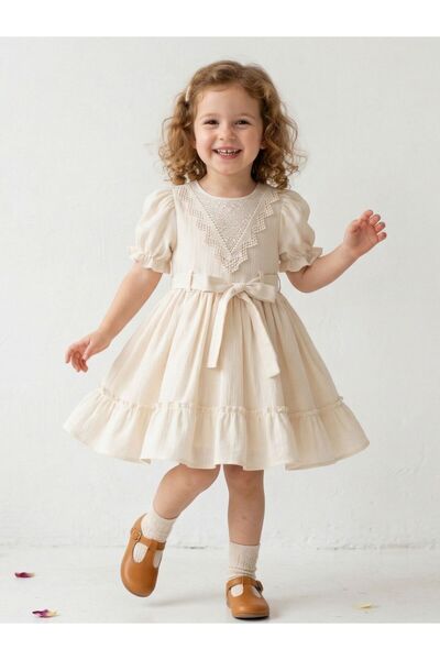 Cherrys Bebek Βαμβακερό τσαλακωτό φόρεμα για κορίτσια με τριγωνικό γιακά