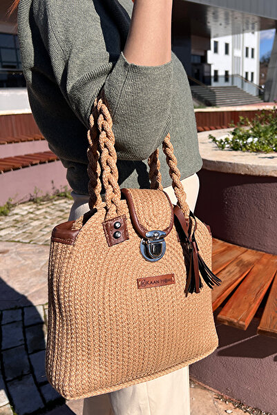 KAAN HOME Μπεζ ψάθινη τσάντα με πλεκτές λαβές, τσάντα παραλίας και πισίνας, π...