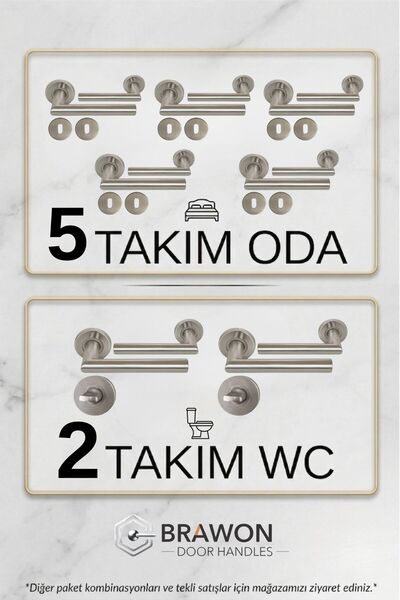 BRAWON DOOR HANDLES Vega Saten Paslanmaz Kapı Kolu Seti - 5 Takım Oda + 2Takı...