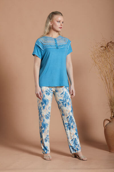İPEKMOOD Lace Collar Indigo Viscose Pajama Set with Lycra on the Bottom and Top