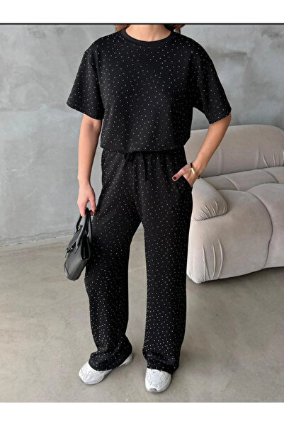 New Deux Γυναικείο άνετο υφασμάτινο σετ με πέτρινη λεπτομέρεια