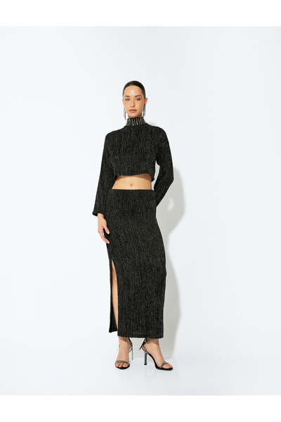 Koton Long Sleeve High Neck Glittering Stone Embellished Crop Sweater