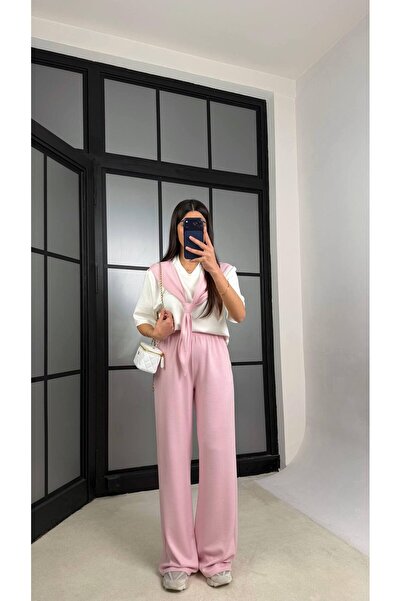 ÇEÇİM Set de damă cu bluză cu detalii tip șal și pantaloni largi ZYN-58917 - ...