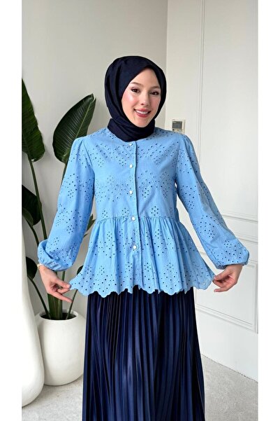 PİNK FLY Τουνίκ πουκάμισο με ελαστικό μανίκι, διάτρητο σχέδιο, κουμπιά και επ...