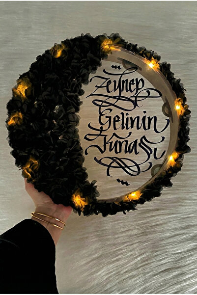 ZEYMERADE Siyah Ledli Şeffaf Gelin Tefi 32cm, 3d Çiçek Süslemeli, Düğün Sünne...