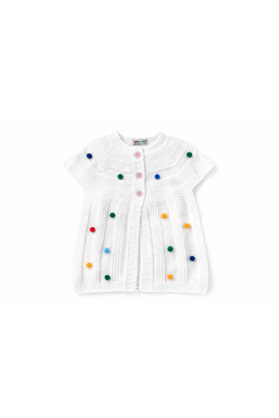 Jaju Baby Beyaz Kız Bebek Triko Yelek Renkli Ponpon Detaylı Düğmeli🌈