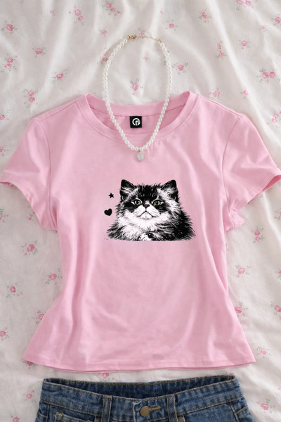Gofeel Cute Cat Portrait Printed Belt Length Pink Crop