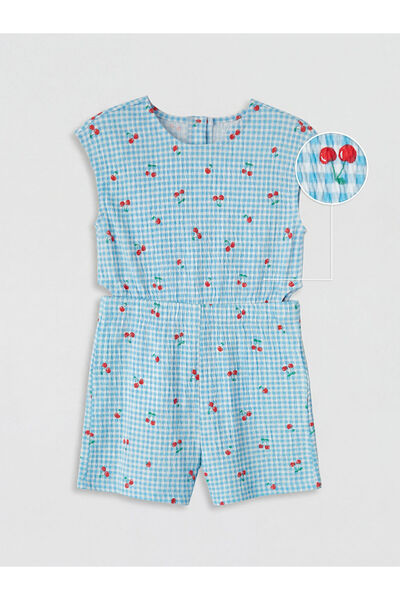 LC Waikiki Salopetă cu pantaloni scurți pentru fete, cu imprimeu Blue Cherry,...