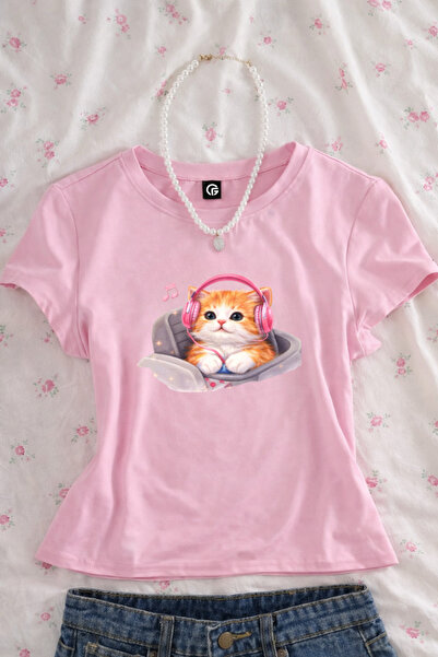 Gofeel Sleeping Cute Cat Printed Belted Pink Crop Top