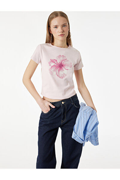 Koton εφαρμοστό Βαμβακερό μπλουζάκι με κοντό μανίκι και λαιμόκοψη με τύπωμα