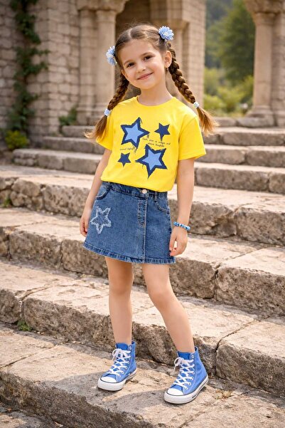 CoolCix Summer Cotton Star Patterned Shorts Skirt and T-Shirt 2-Piece Set