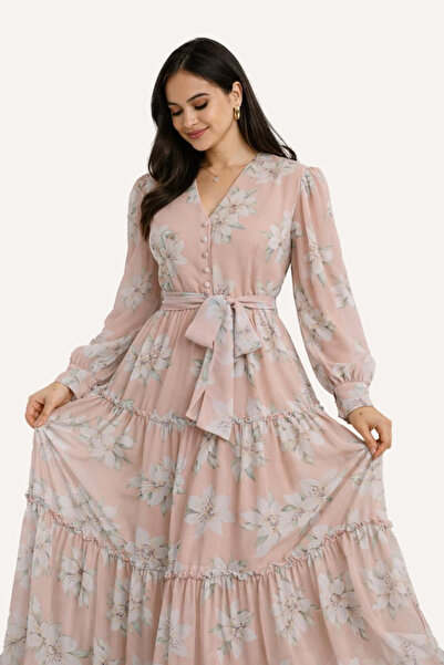 Stylish Fashion فستان من ستايلش فاشن تركي شيفون انيق مورد باللون الوردي الفاتح